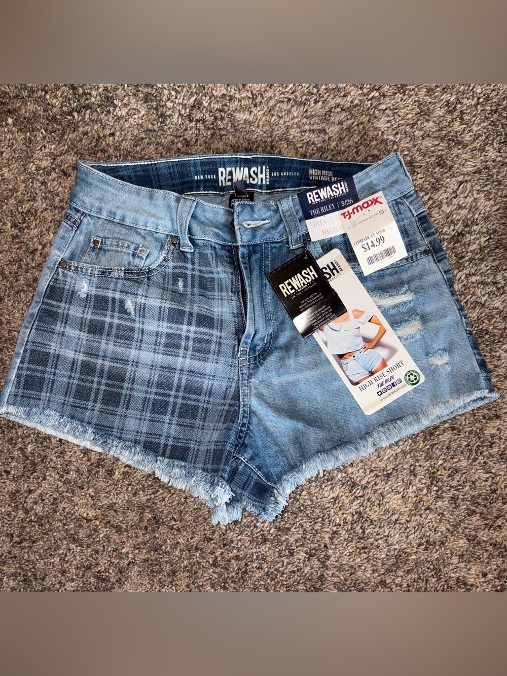 Rewash Light Blue Plaid-Panel Distressed Denim Shorts